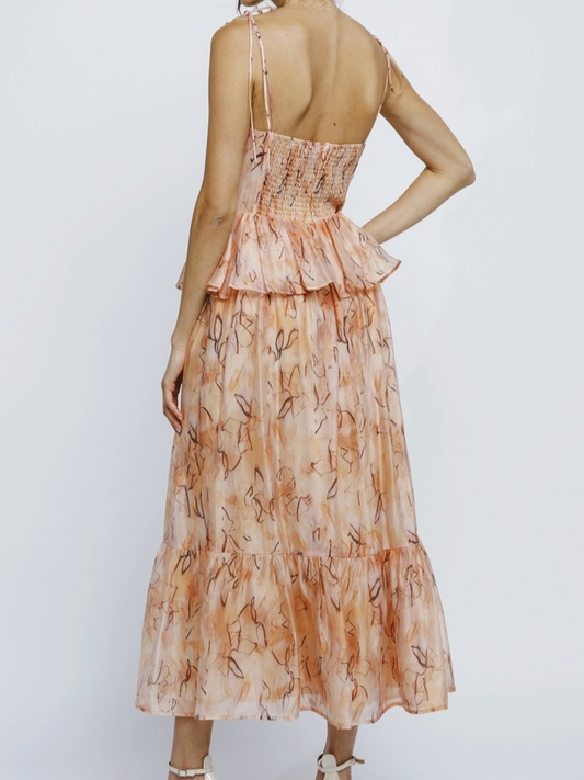 Peach Ruffled Peplum Midi