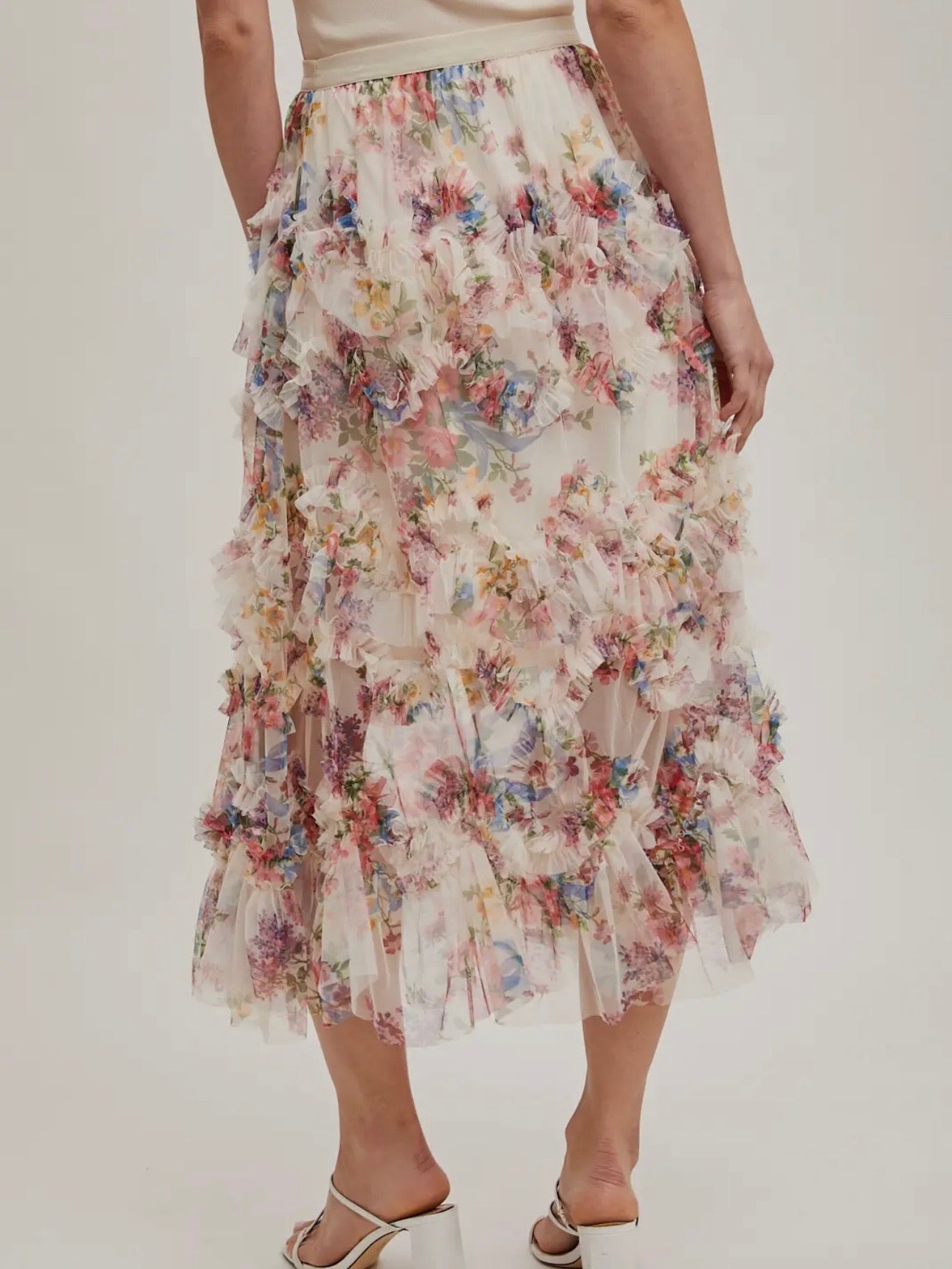 Floral Ruffled Mesh Midi Skirt