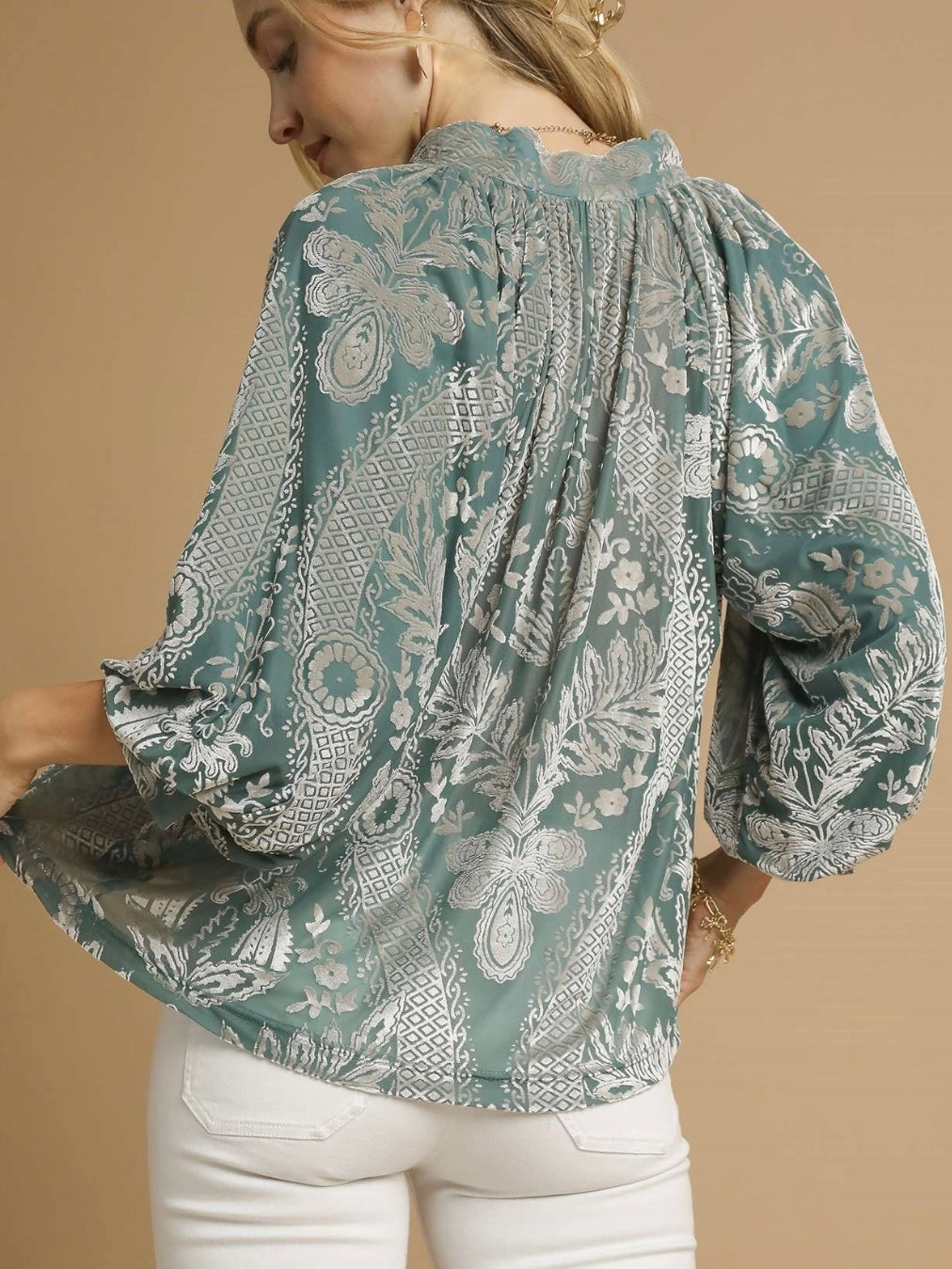 Teal Velvet 3/4 Puff Sleeve Blouse