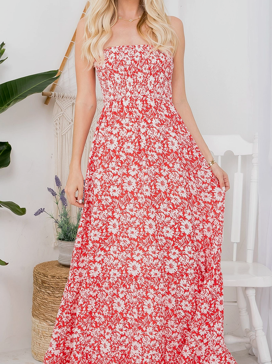 Red Floral Strapless Maxi Dress