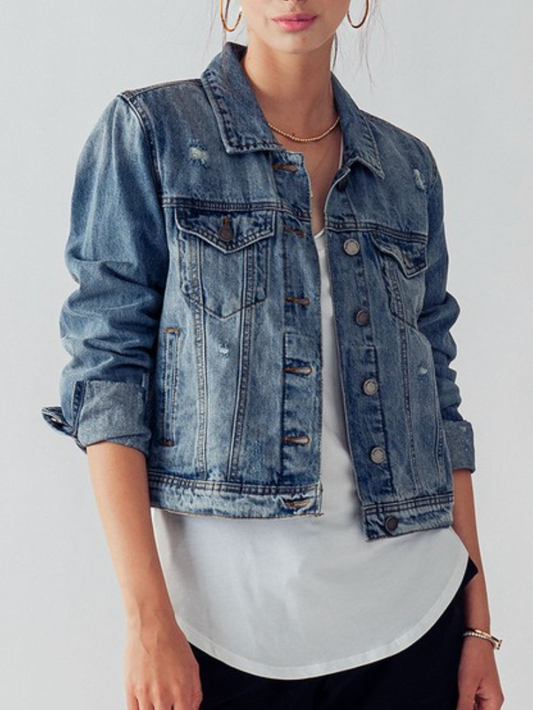 Vintage Washed Denim Cropped Jacket