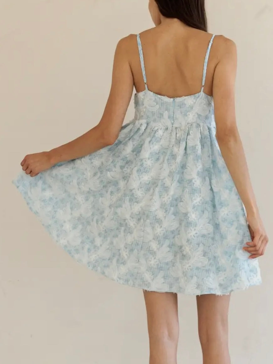 Blue Textured Floral Mini Dress