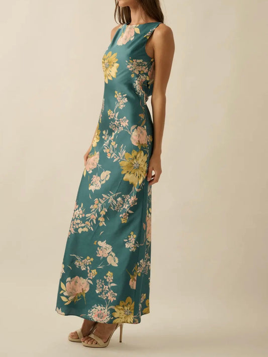 Teal Floral Cowl-Back Maxi