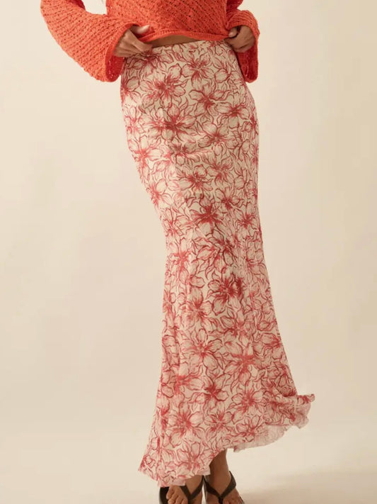 Red Floral Mesh Pleated Skirt