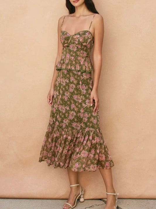 Olive Floral Ruffled Layered Dress