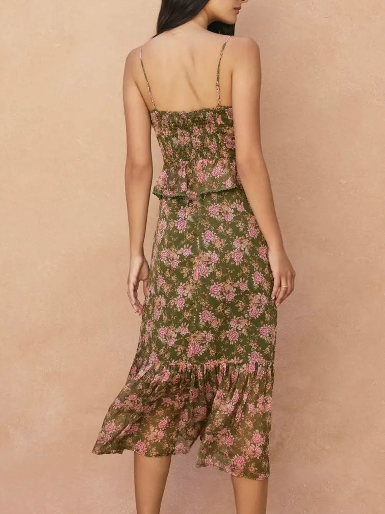 Olive Floral Ruffled Layered Dress