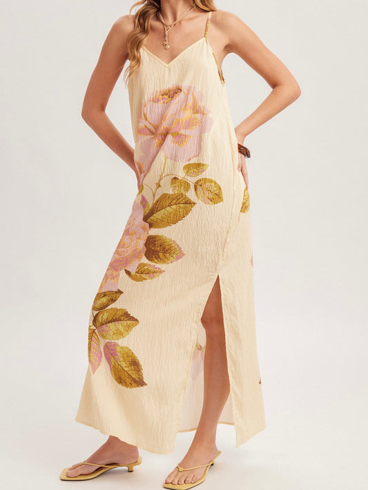 Yellow Flower Print Midi Dress
