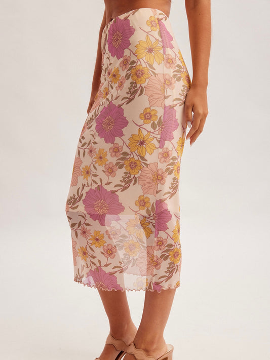 Multi Floral Mesh Midi Skirt