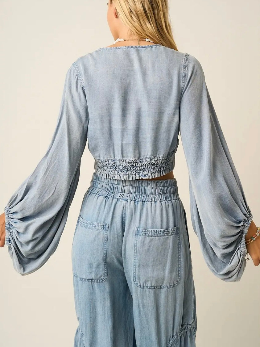Chambray Balloon Sleeve Crop Blouse