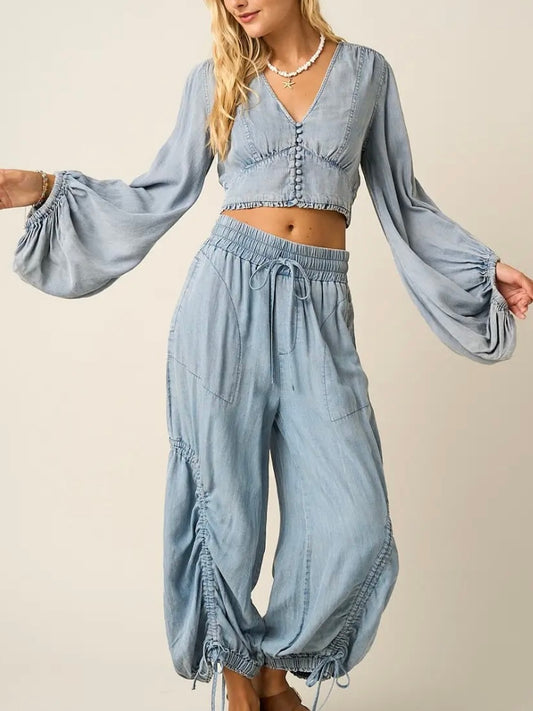 Chambray Balloon Sleeve Crop Blouse