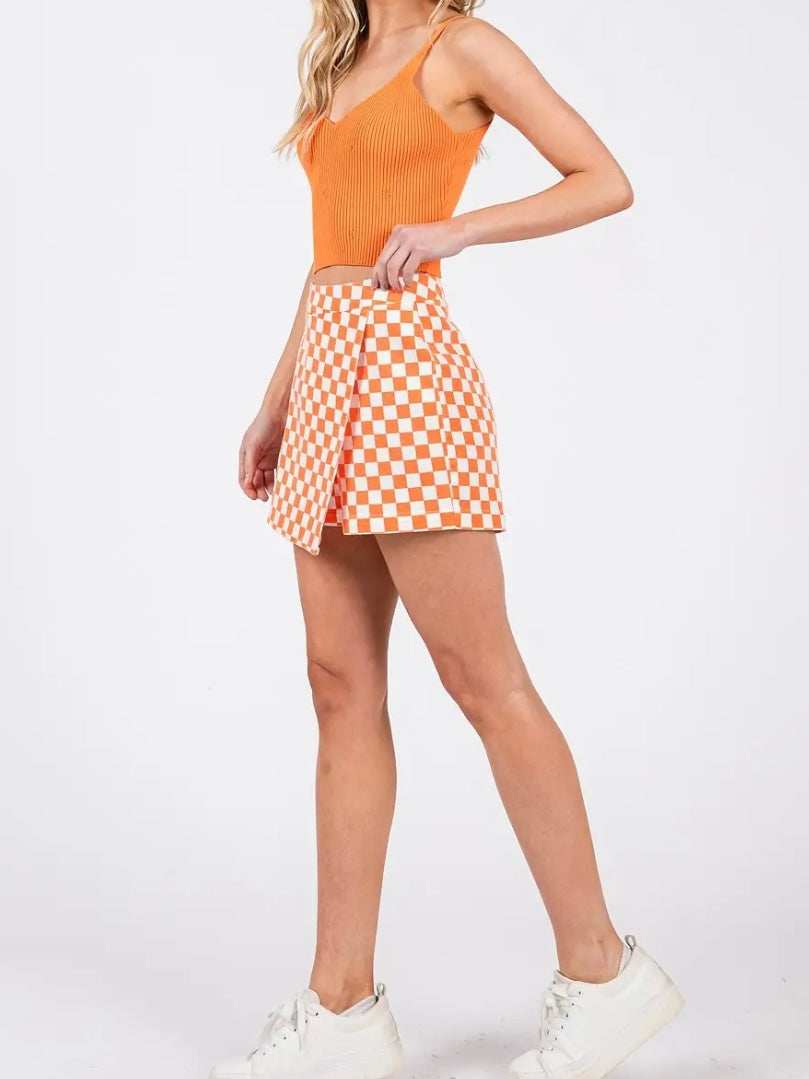 Orange Checkerboard Wrap Skort