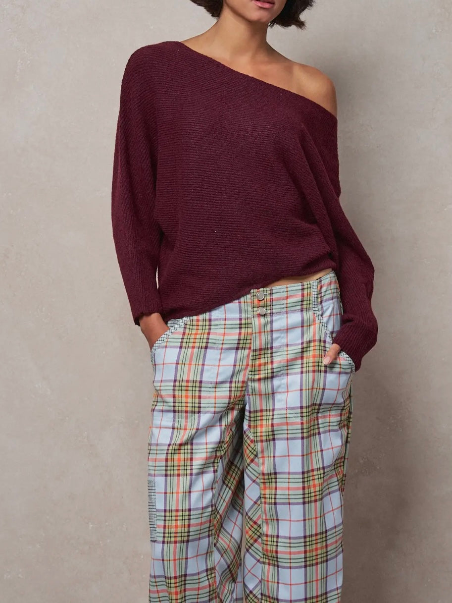 Burgundy Dolman Sleeve Boat Neck Knit Sweater
