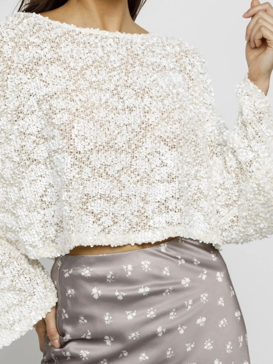 White Sequin Oversized Knit Top