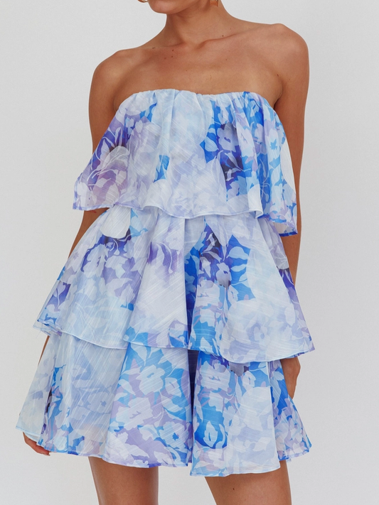 Blue Chiffon Tiered Mini Dress