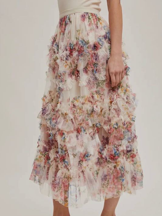 Floral Ruffled Mesh Midi Skirt