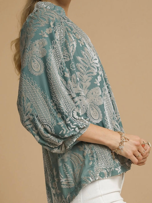 Teal Velvet 3/4 Puff Sleeve Blouse