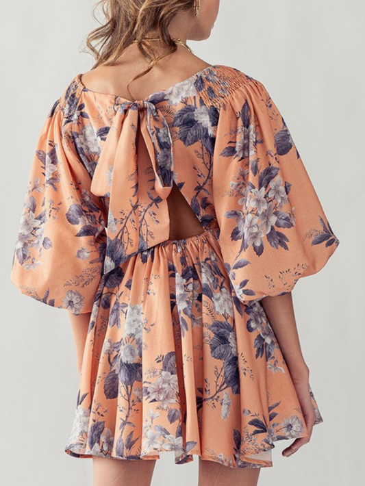 Peach V-Neck Floral Mini Dress