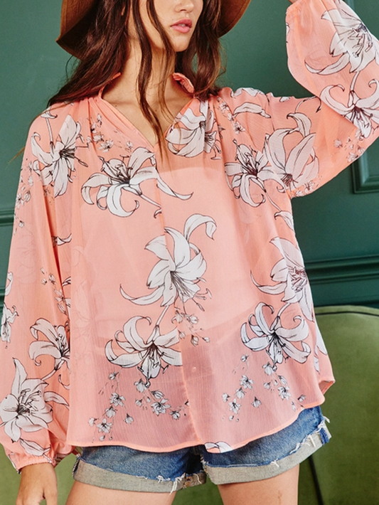 Coral Floral Print Blouse