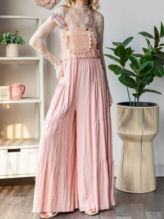 Pink Embroidered Flowy Jumpsuit