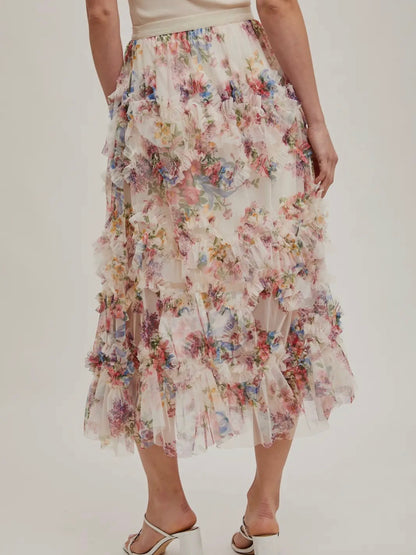 Floral Ruffled Mesh Midi Skirt