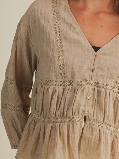 Taupe V-Neck Ruffle Blouse
