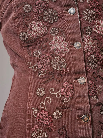 Plum Embroidered Denim Mini
