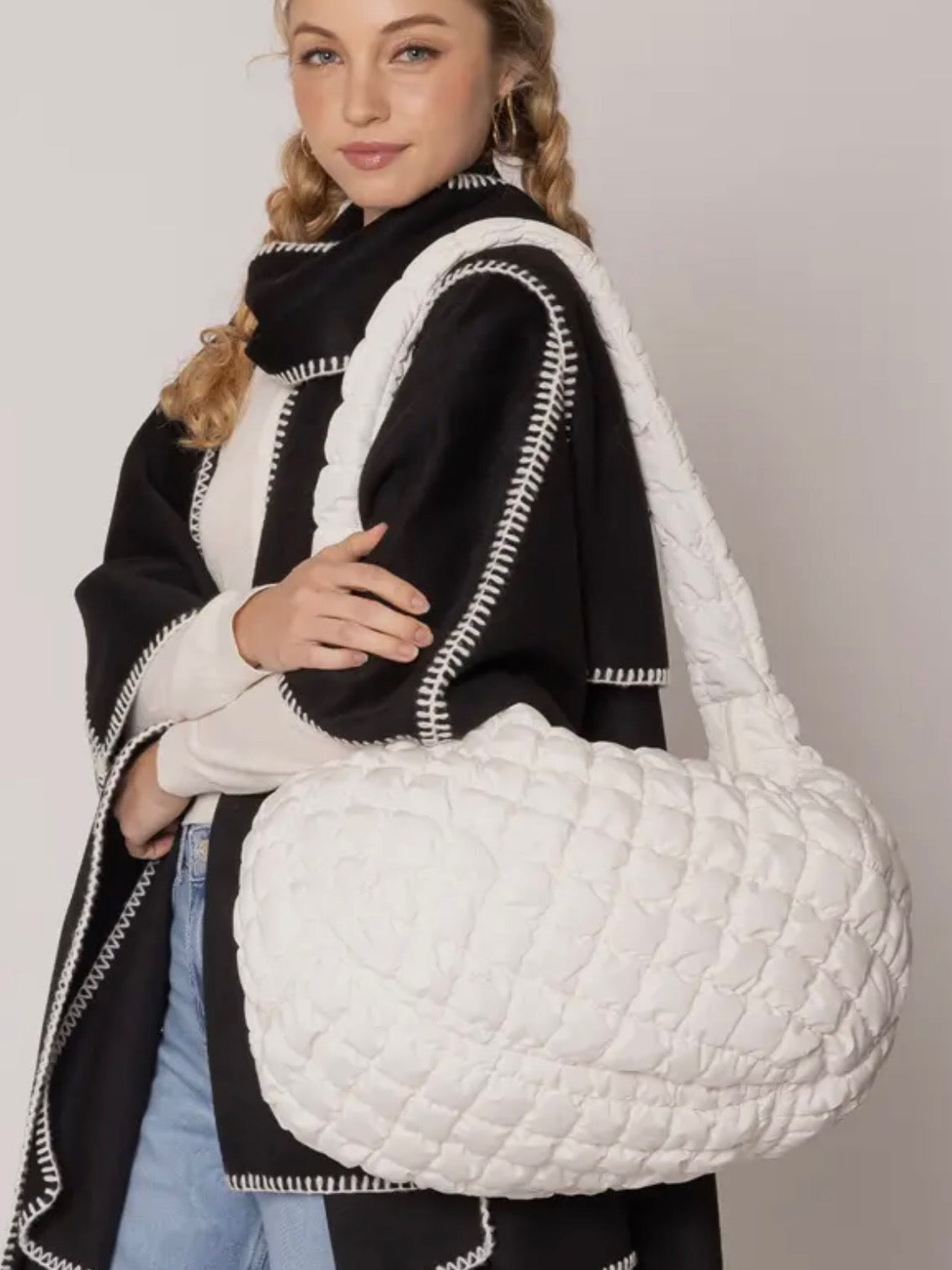 Ivory Quilted Puffer Tote