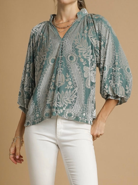 Teal Velvet 3/4 Puff Sleeve Blouse