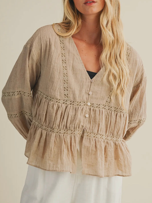 Taupe V-Neck Ruffle Blouse