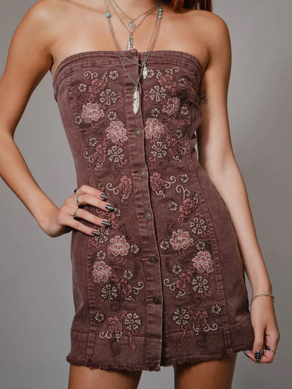Plum Embroidered Denim Mini