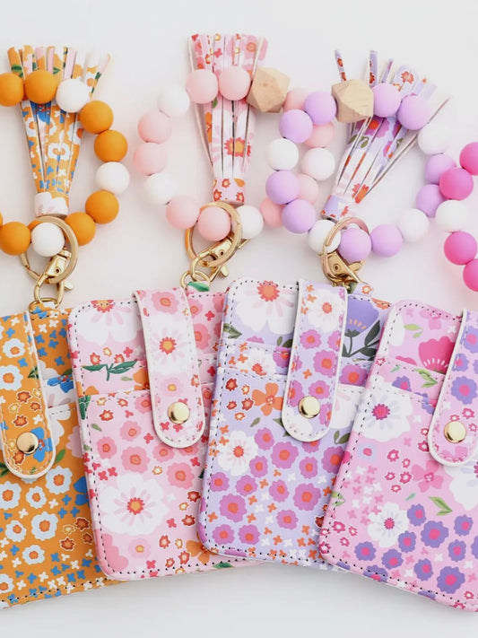 Yellow Floral Beaded Keychain Wallet