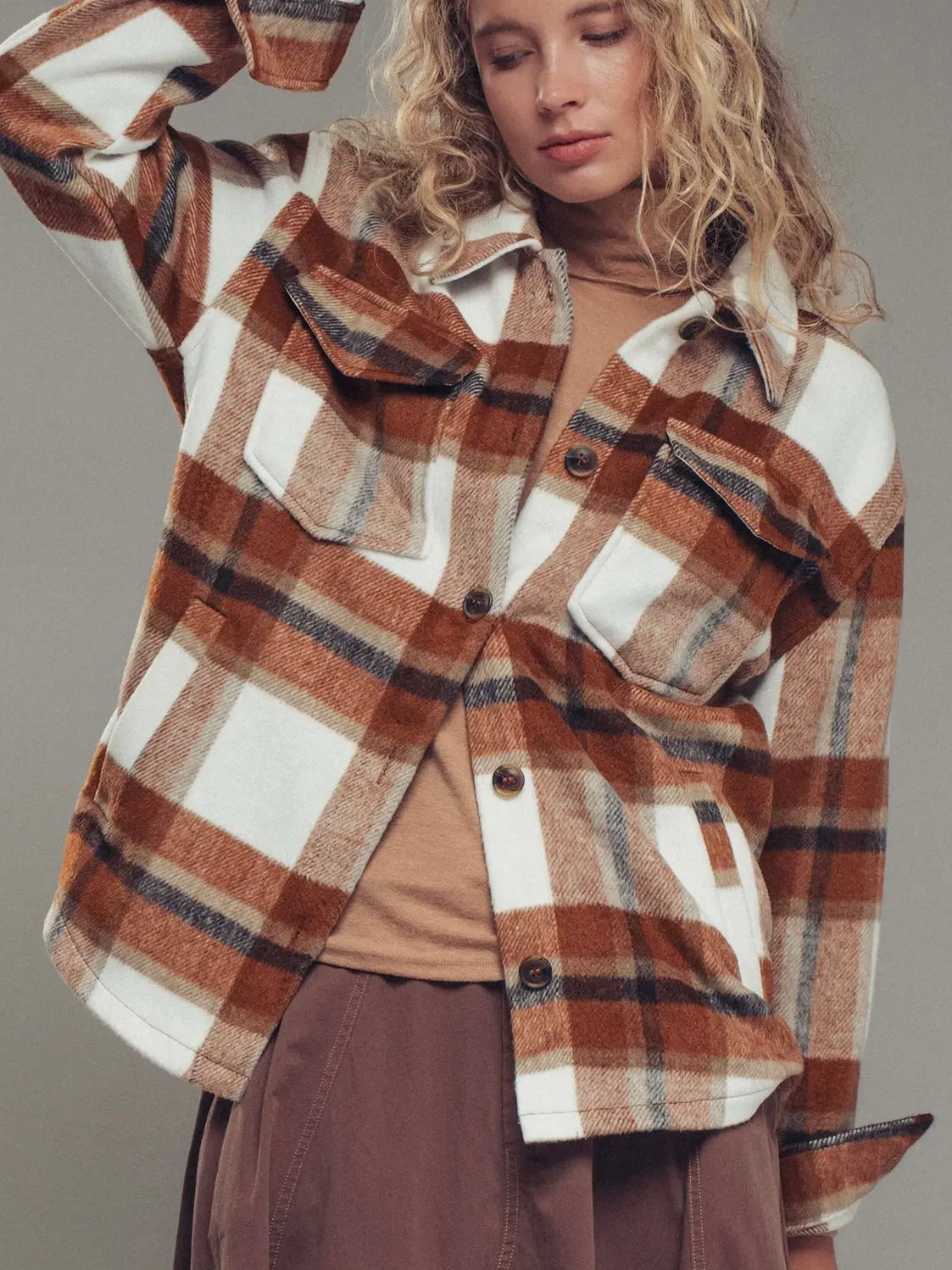Clay Plaid Button Shacket