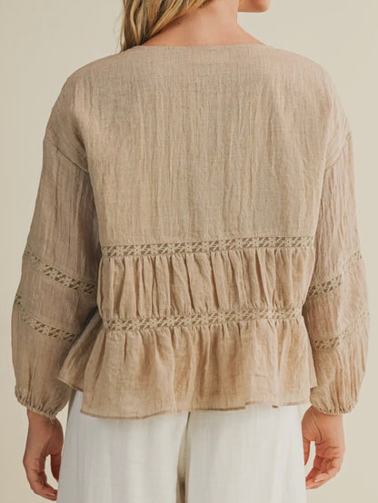 Taupe V-Neck Ruffle Blouse