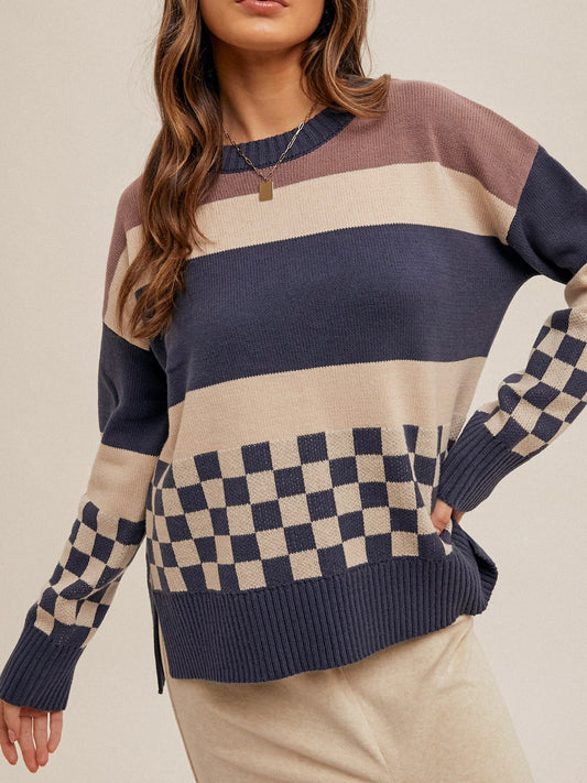 Blue Check Stripe Sweater