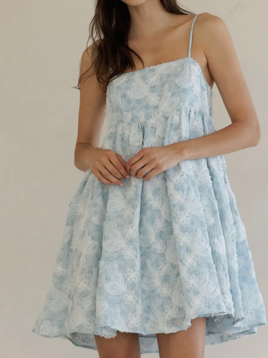 Blue Textured Floral Mini Dress