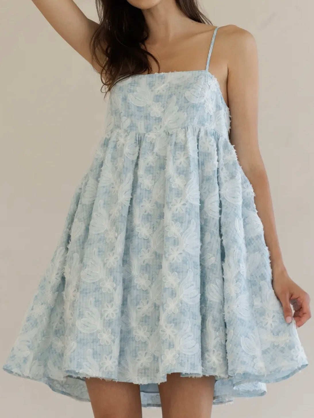 Blue Textured Floral Mini Dress