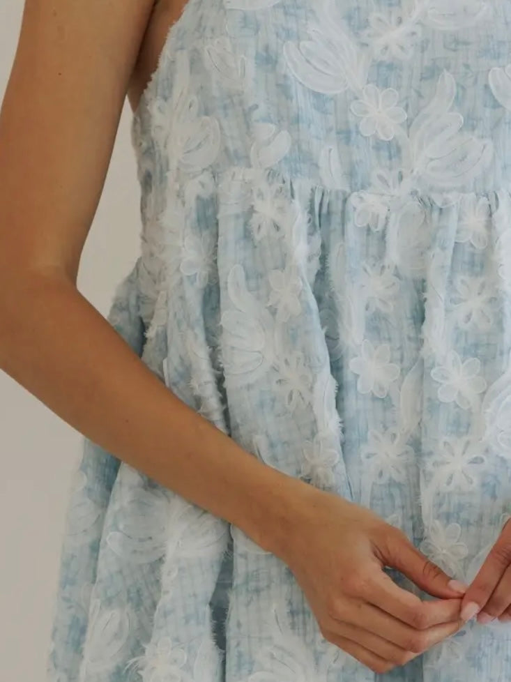 Blue Textured Floral Mini Dress