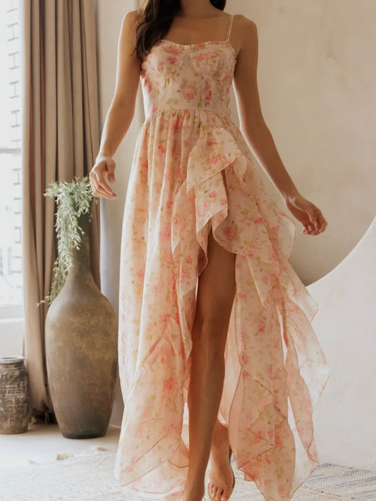 Pink Floral Ruffled Maxi