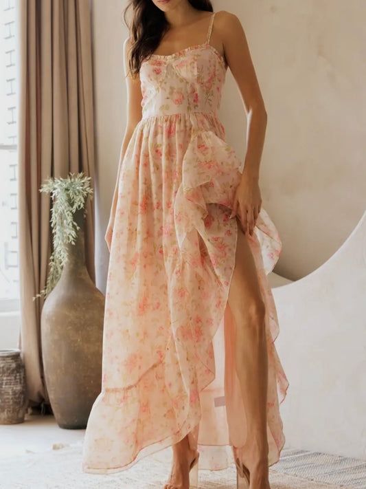 Pink Floral Ruffled Maxi