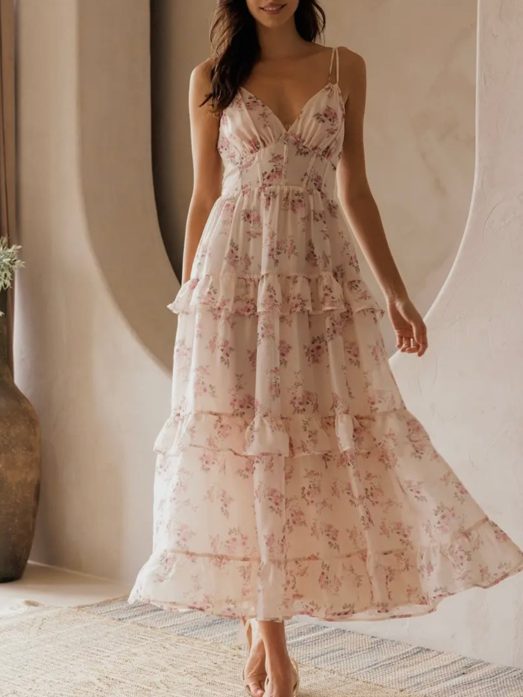 Blush Tiered Floral Midi