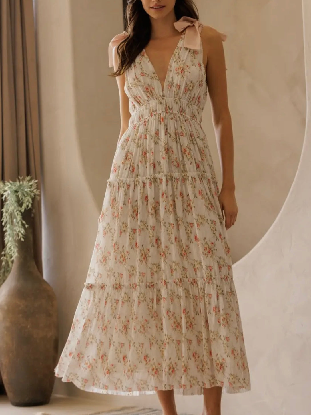 Ivory Floral Shoulder Tie Midi