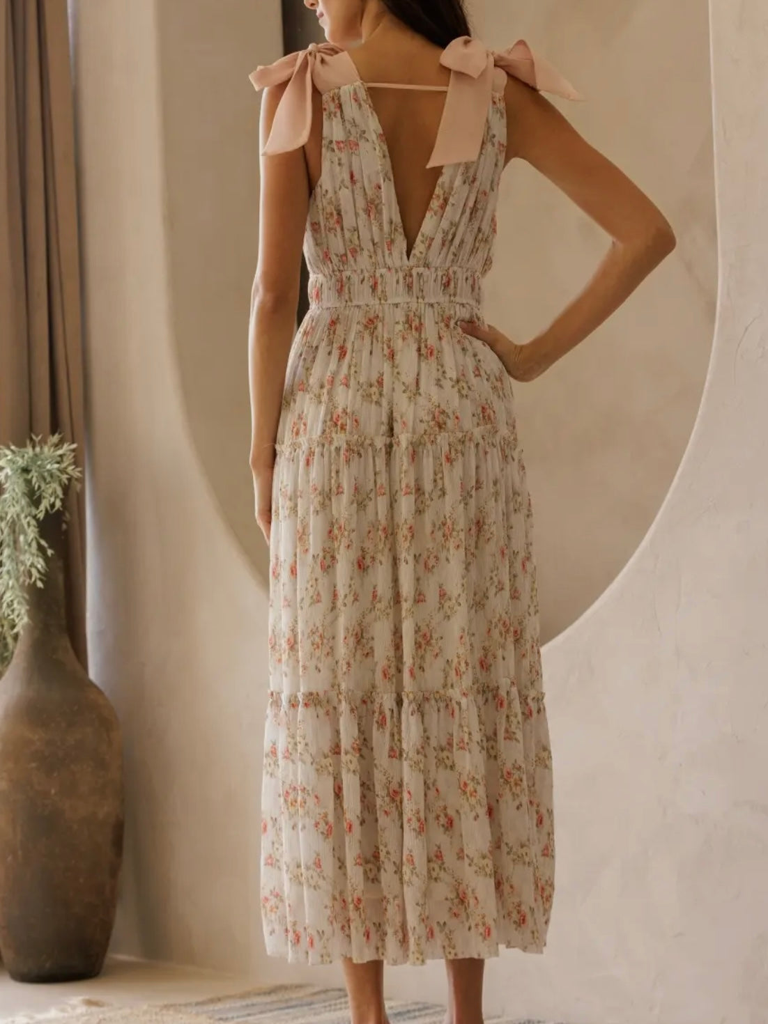 Ivory Floral Shoulder Tie Midi