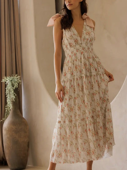 Ivory Floral Shoulder Tie Midi