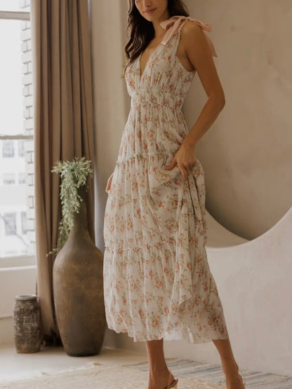 Ivory Floral Shoulder Tie Midi