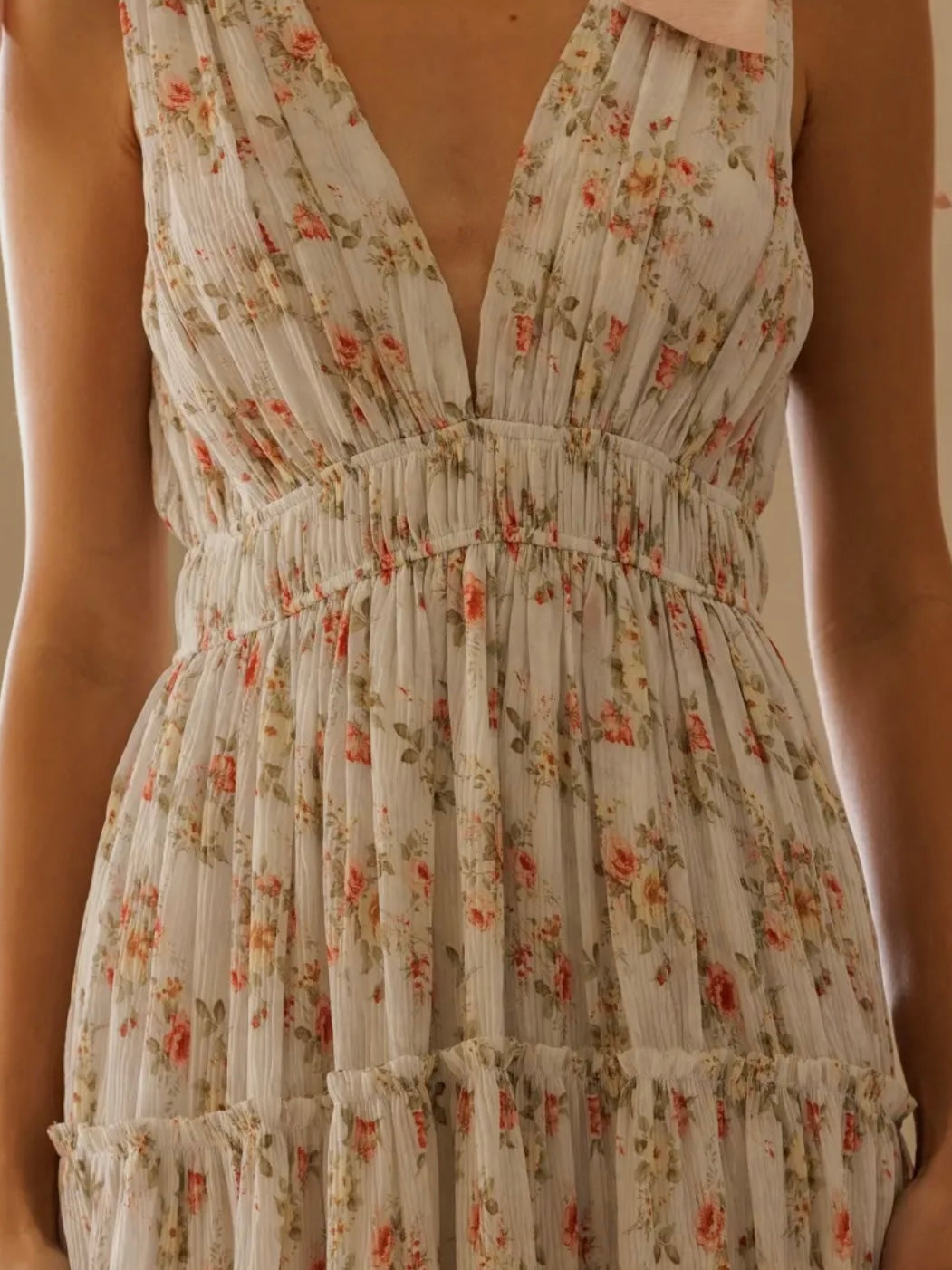 Ivory Floral Shoulder Tie Midi