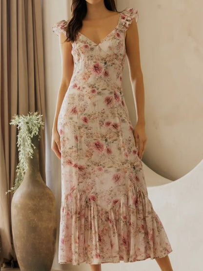 Beige Floral Ruffle Strap Midi