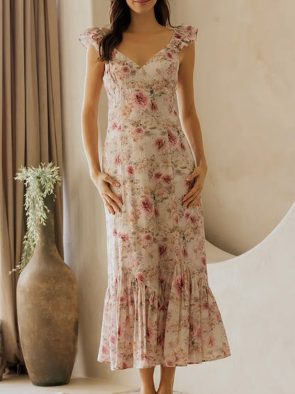 Beige Floral Ruffle Strap Midi