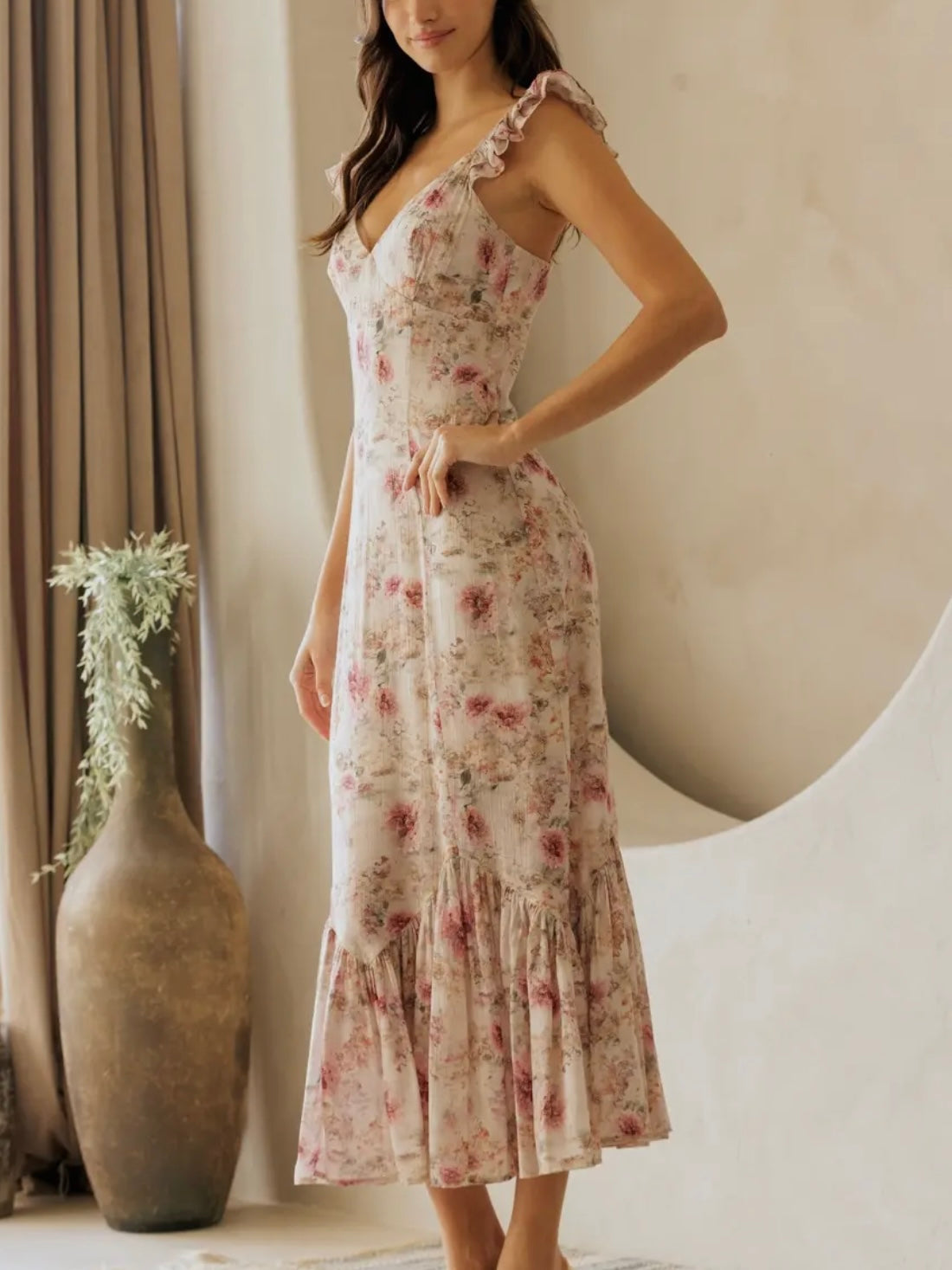 Beige Floral Ruffle Strap Midi