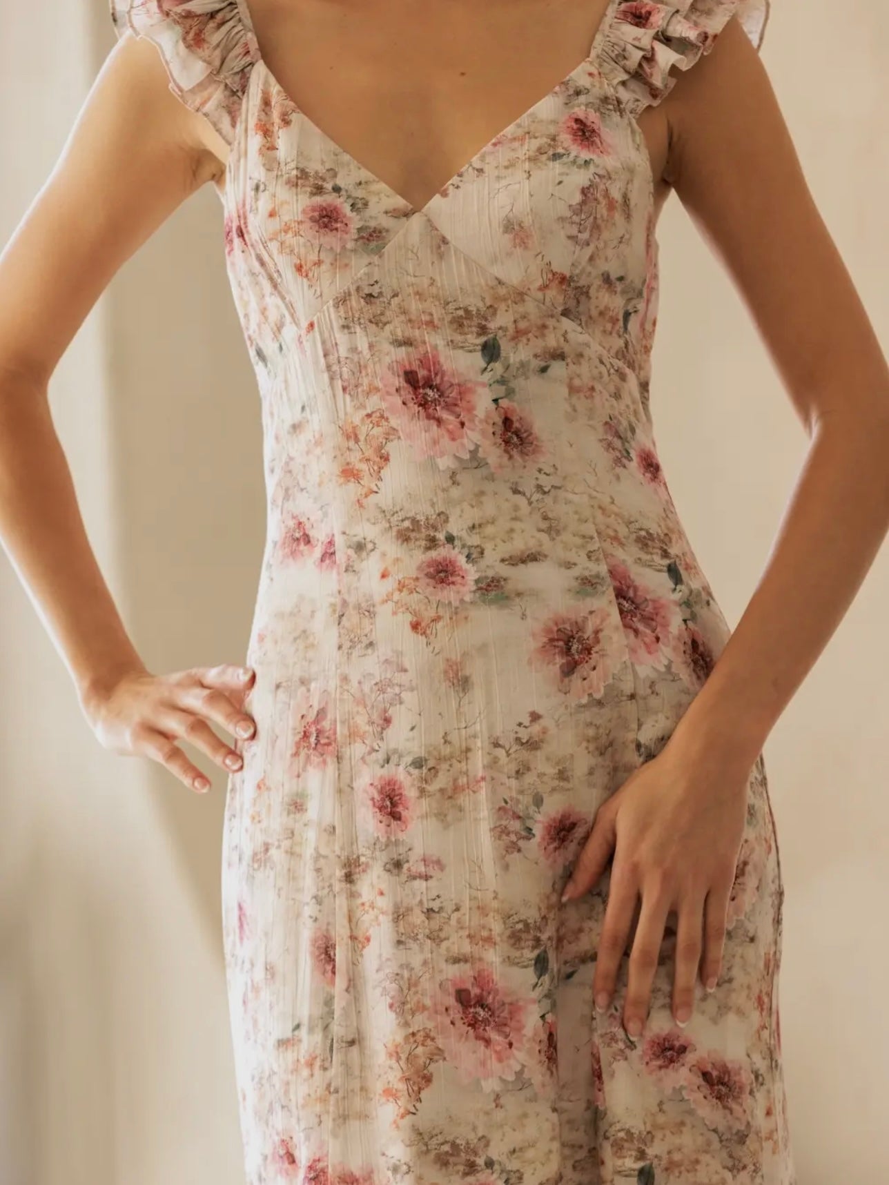 Beige Floral Ruffle Strap Midi