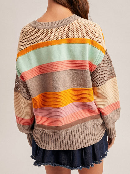 Multicolored striped sweater with a plain background